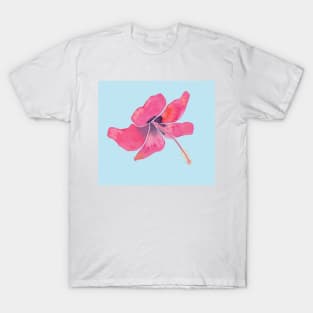 Pink Tropical Hibiscus Watercolor Illustration with a light blue background T-Shirt